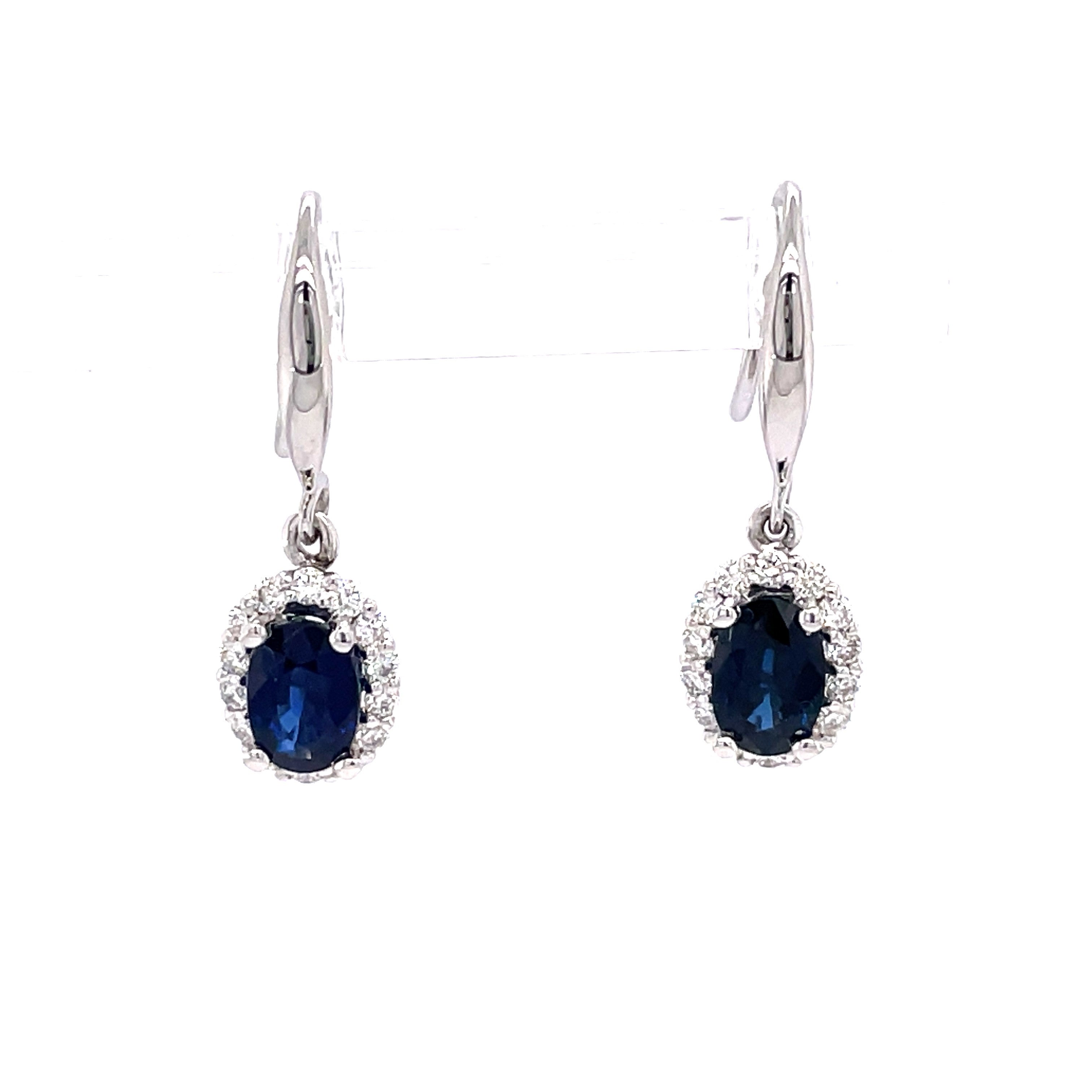 Lady's White 14 Karat Oval Halo, Dangle Earrings With 2=1.30Tw Oval Sapphires And 0.28Tw Round H/I Si2 Diamonds