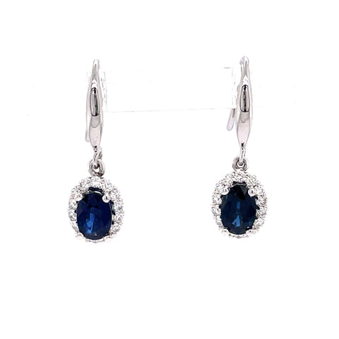 Lady's White 14 Karat Oval Halo, Dangle Earrings With 2=1.30Tw Oval Sapphires And 0.28Tw Round H/I Si2 Diamonds