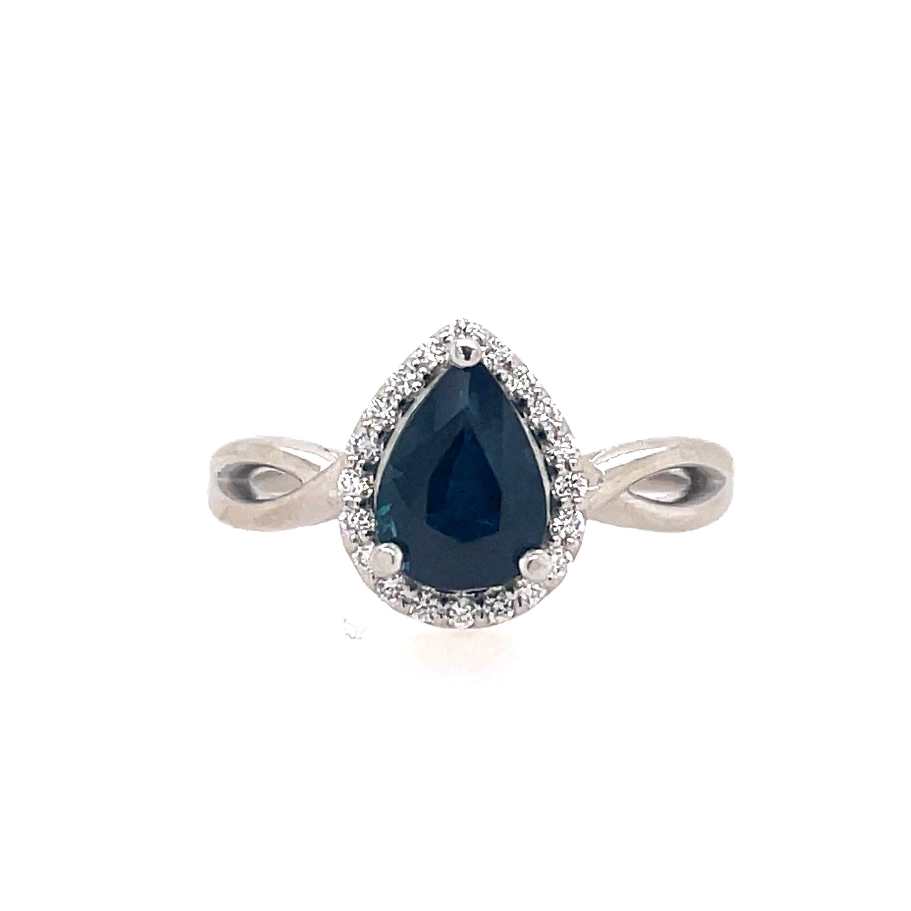 Lady's White 14 Karat Halo With Crossover Fashion Ring With One 1.28Ct Pear Sapphire And 0.10Tw Round H/I Si2 Diamonds Regularly $3,600 Vendor Price $1,800

Purchases made from our Vendor Price case are not eligible for "complimentary" services. Standar