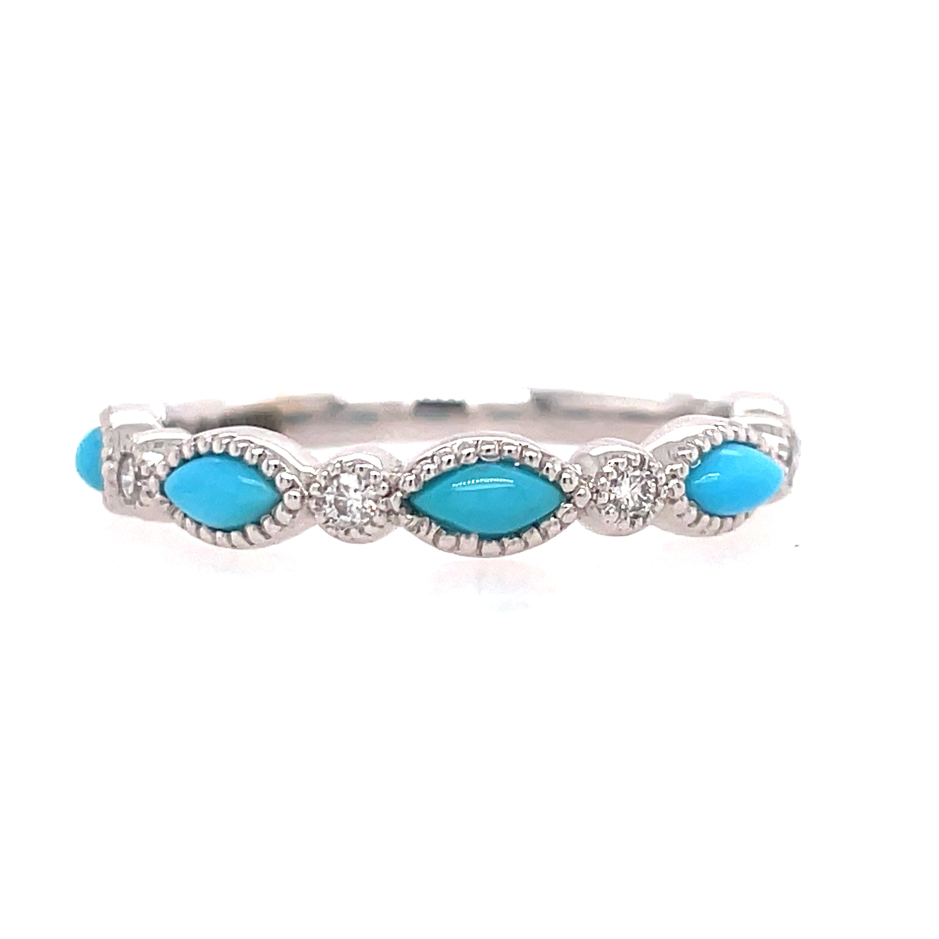 Lady's White 14 Karat Milgrain Halo Stackable Fashion Ring With M Turquoises And 6=0.12Tw Round H/I Si2 Diamonds, Regularly $1000.00, Vendor Price $500.00

Purchases made from our Vendor Price case are not eligible for "complimentary" services. Standard