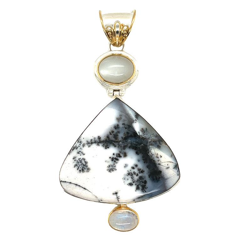Lady's Tt Ss/22K Gold Vermeil Bezel Teardrop Necklace With One O Rainbow Moonstone, Dendag, Moonstone