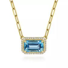 Lady's Yellow 14 Karat Lusso, Emerald Cut With Flower Pattern Gallery Necklace Length 17 With One 10.24Ct Emerald Blue Topaz And 0.50Tw Round H/I Si2 Diamonds