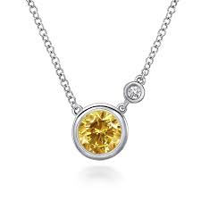 Lady's White Sterling Silver Bezel Set, Stationary Necklace Length 17.5 With One = 0.70Ct Round Citrine And = 0.02Tw Round H/I Si2 Diamonds