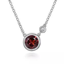 Lady's White Sterling Silver Bezel Set, Stationary Necklace Length 17.5 With One 1.01Ct Round Garnet And 0.02Tw Round H/I Si2 Diamonds