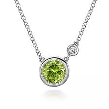 Lady's White Sterling Silver Bezel Set, Stationary Necklace Length 17.5 With One 0.9Ct Round Peridot And 0.02Tw Round H/I Si2 Diamonds