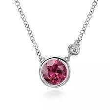Lady's White Sterling Silver Bezel Set Stationary Necklace Length 17.5 With One 0.90Ct Round Tourmaline And 0.02Tw Round H/I Si2 Diamonds