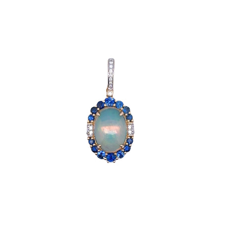 Lady's Yellow 14 Karat Oval Halo Necklace With One 3.20Ct Oval Opal, 0.97Tw Round Sapphires And 0.08 Twt Other Stones