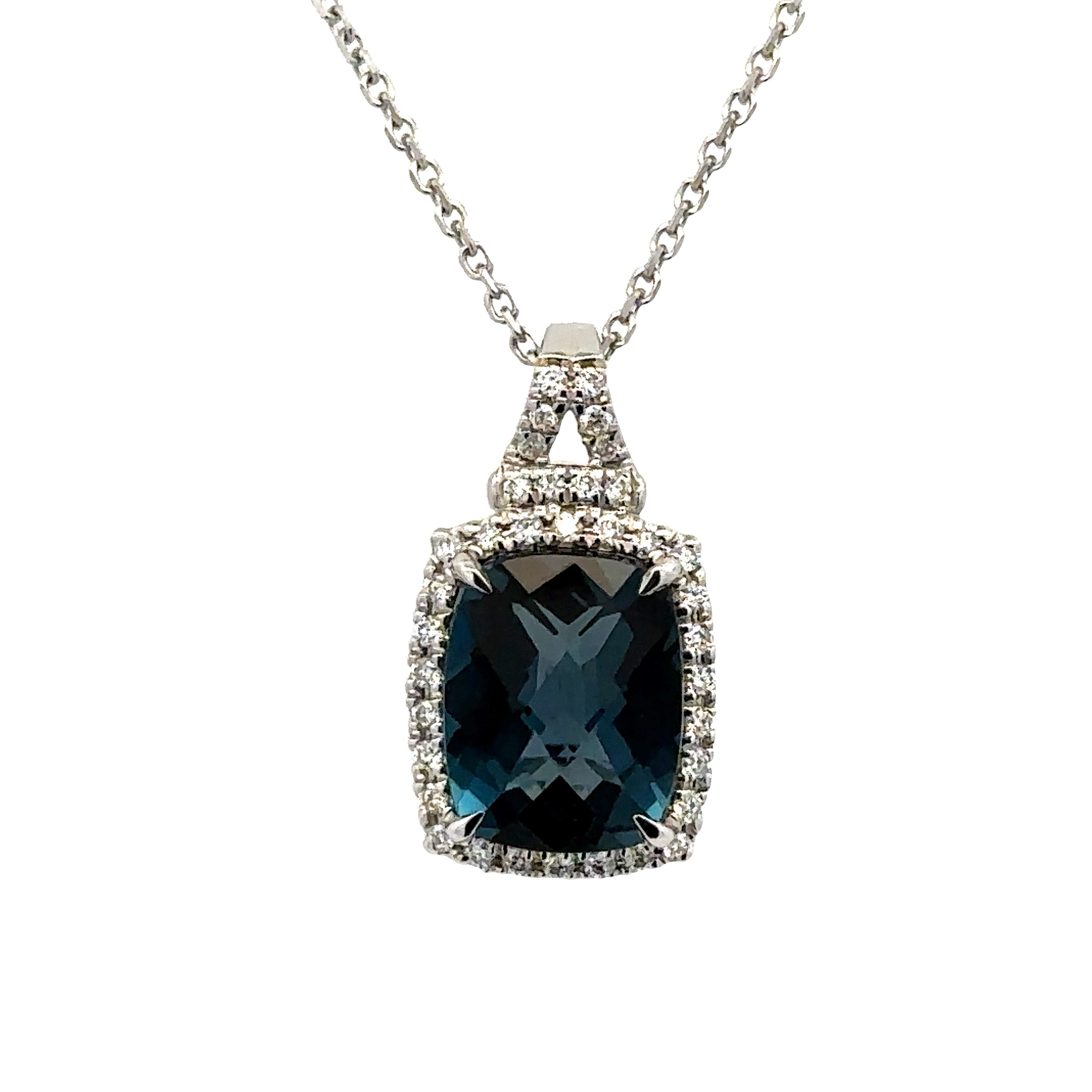 Lady's White 14 Karat Elongated Halo Fashion Necklace Length 18 With One 3.67Ct Retangular Cushion Blue Topaz And 0.17Tw Round G/H Si1 Diamonds