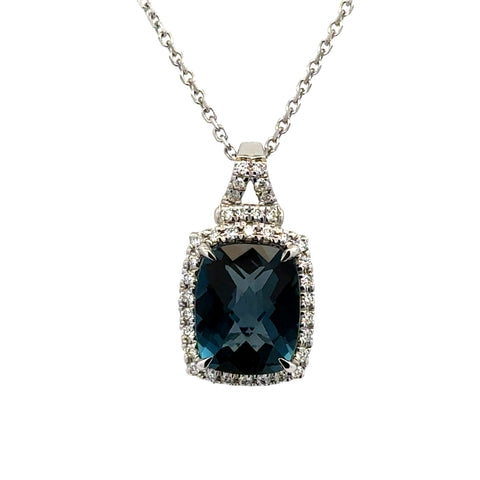 Lady's White 14 Karat Elongated Halo Fashion Necklace Length 18 With One 3.67Ct Retangular Cushion Blue Topaz And 0.17Tw Round G/H Si1 Diamonds