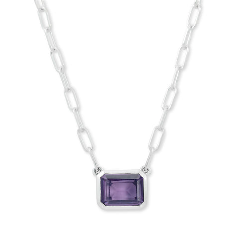 Lady's White Sterling Silver Bezel Set Stationary Necklace Length 20 With One 9.00X7.00Mm Emerald Amethyst