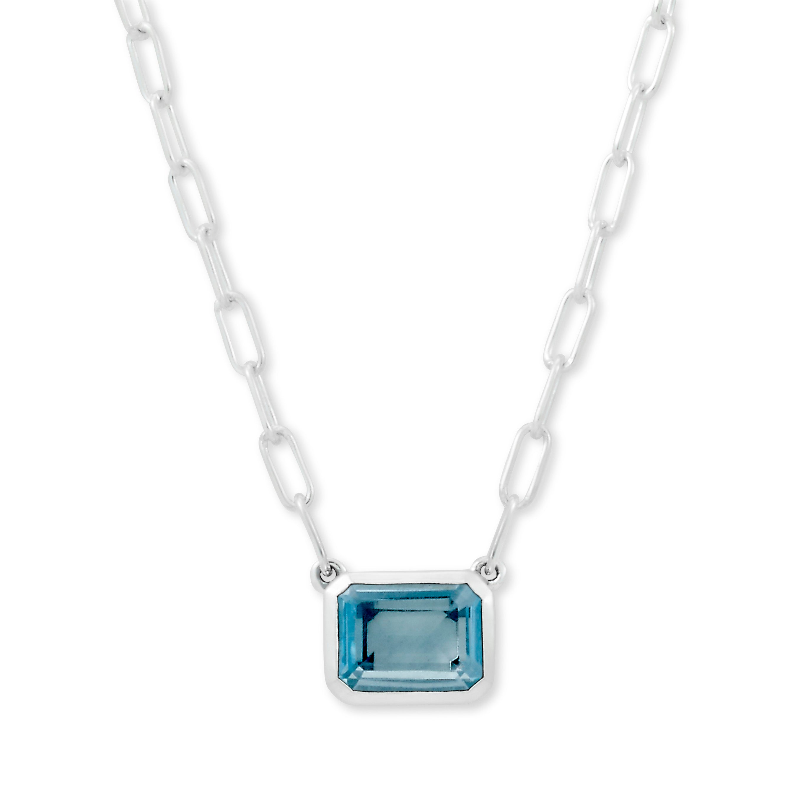 Lady's White Sterling Silver Bezel Set Stationary Necklace Length 20 With One 9.00X7.00Mm Emerald Blue Topaz