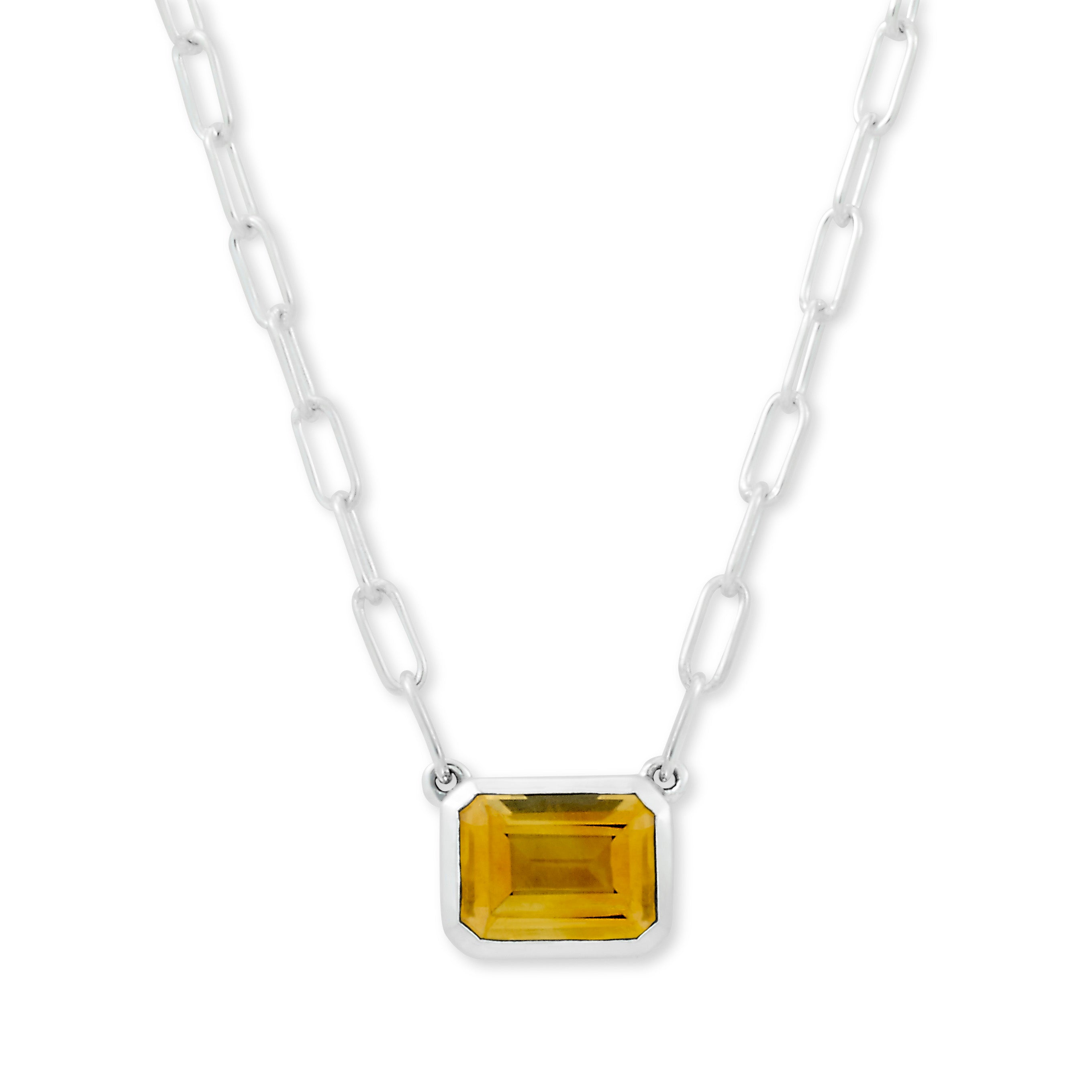 Lady's White Sterling Silver Bezel Set Stationary Necklace Length 20 With One 9.00X7.00Mm Emerald Citrine