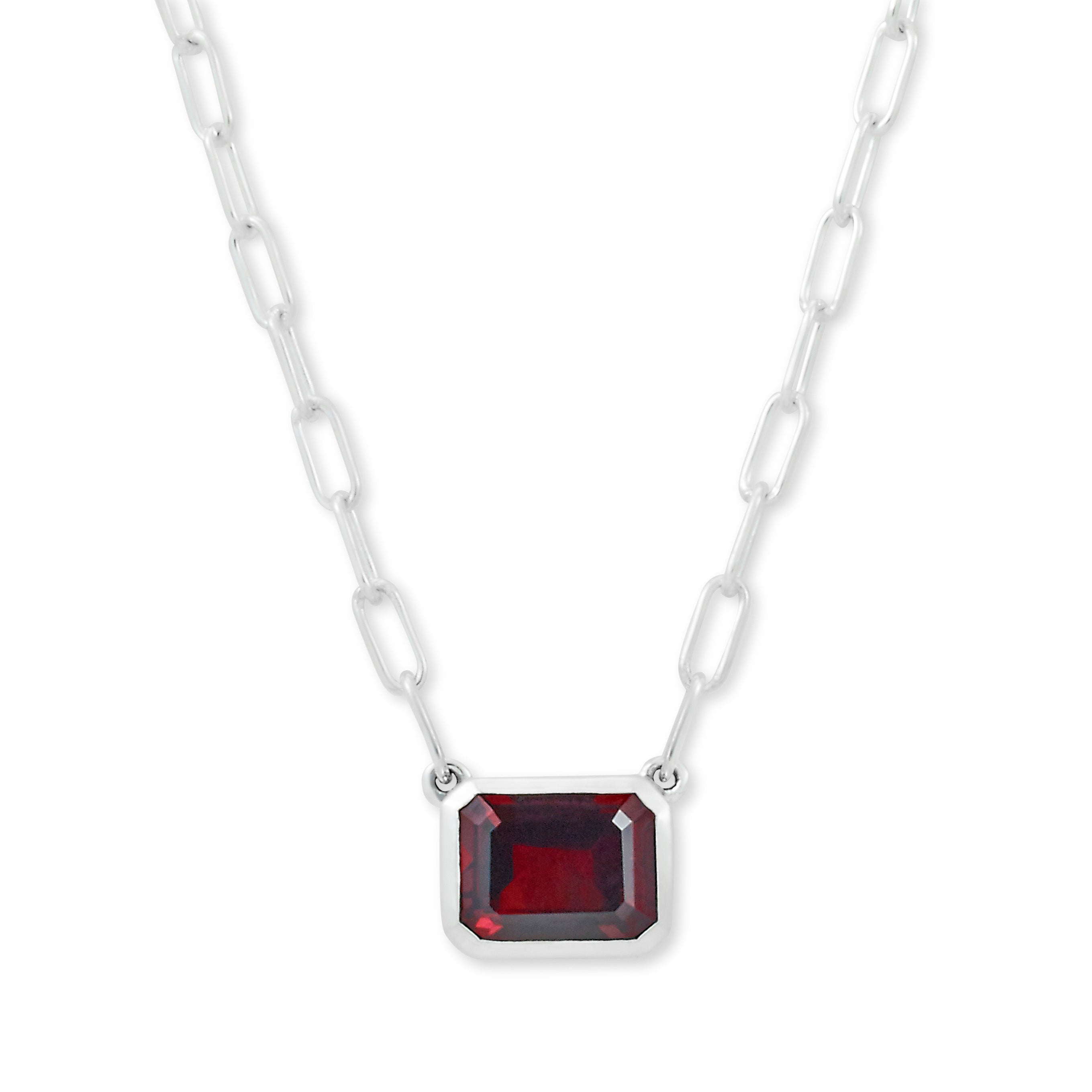 Lady's White Sterling Silver Bezel Set Stationary Necklace Length 20 With One 9.00X7.00Mm Emerald Garnet
