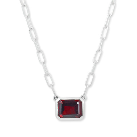 Lady's White Sterling Silver Bezel Set Stationary Necklace Length 20 With One 9.00X7.00Mm Emerald Garnet