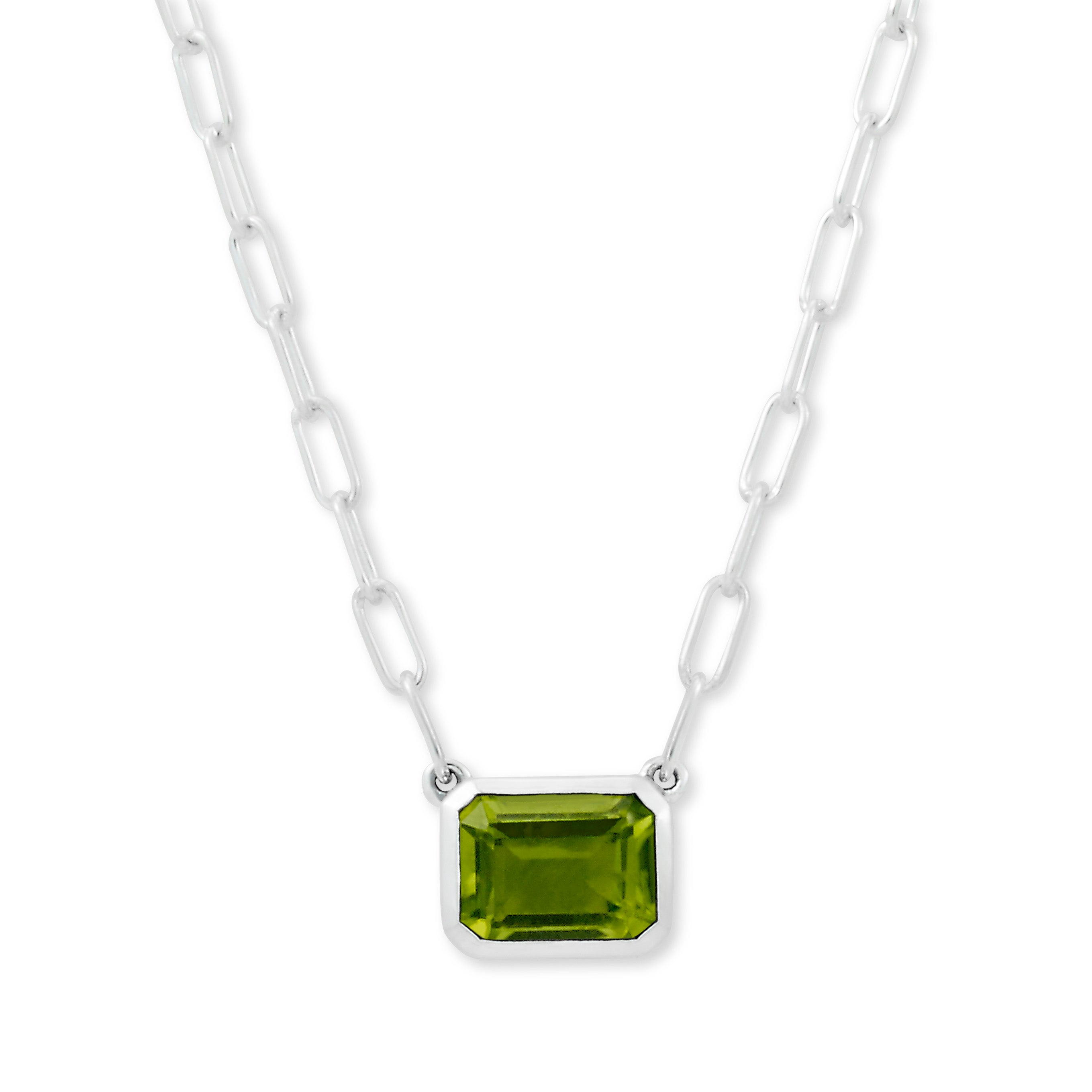 Lady's White Sterling Silver Bezel Set Stationary Necklace Length 20 With One 9.00X7.00Mm Emerald Peridot