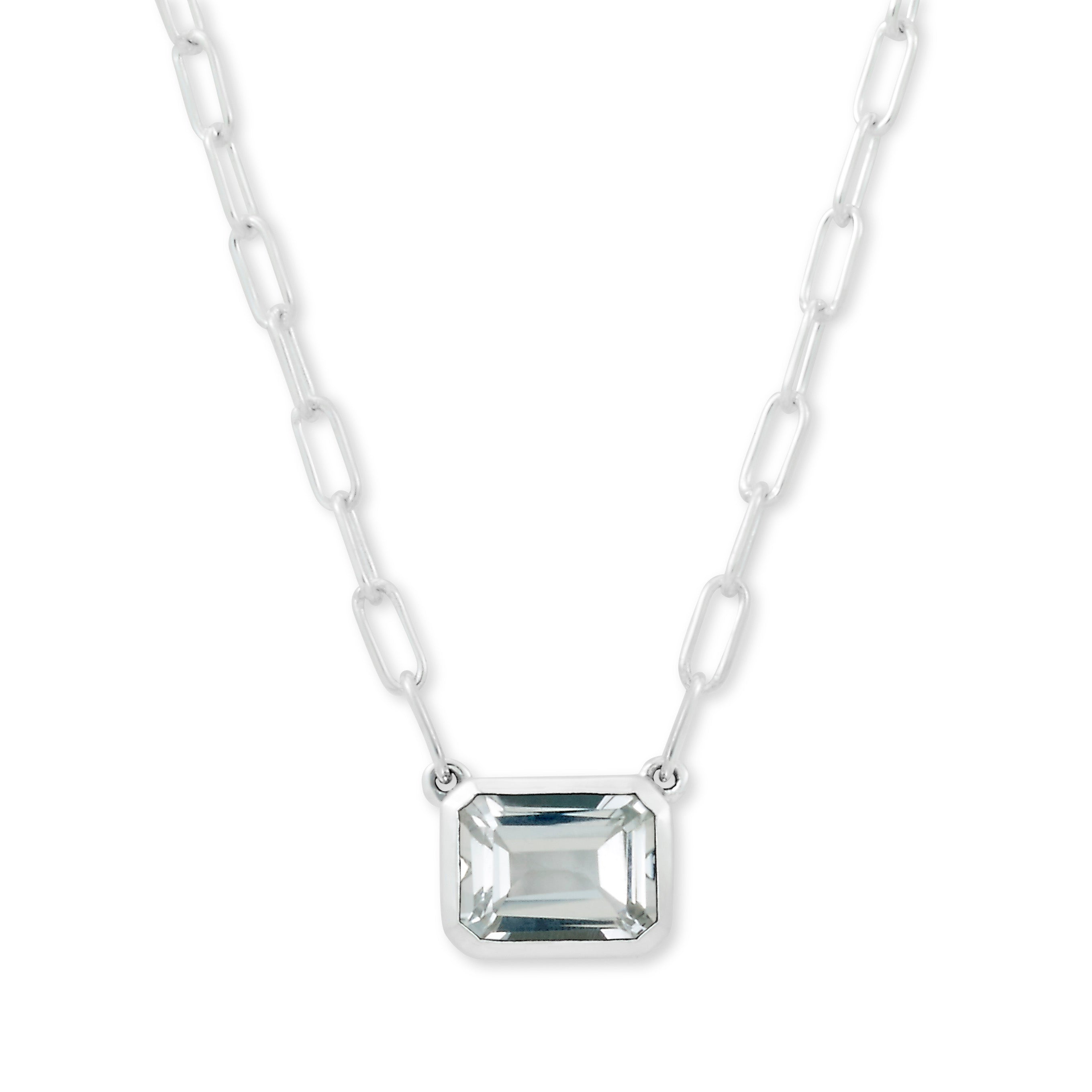 Lady's White Sterling Silver Bezel Set Stationary Necklace Length 20 With One 9.00X7.00Mm E White Topaz