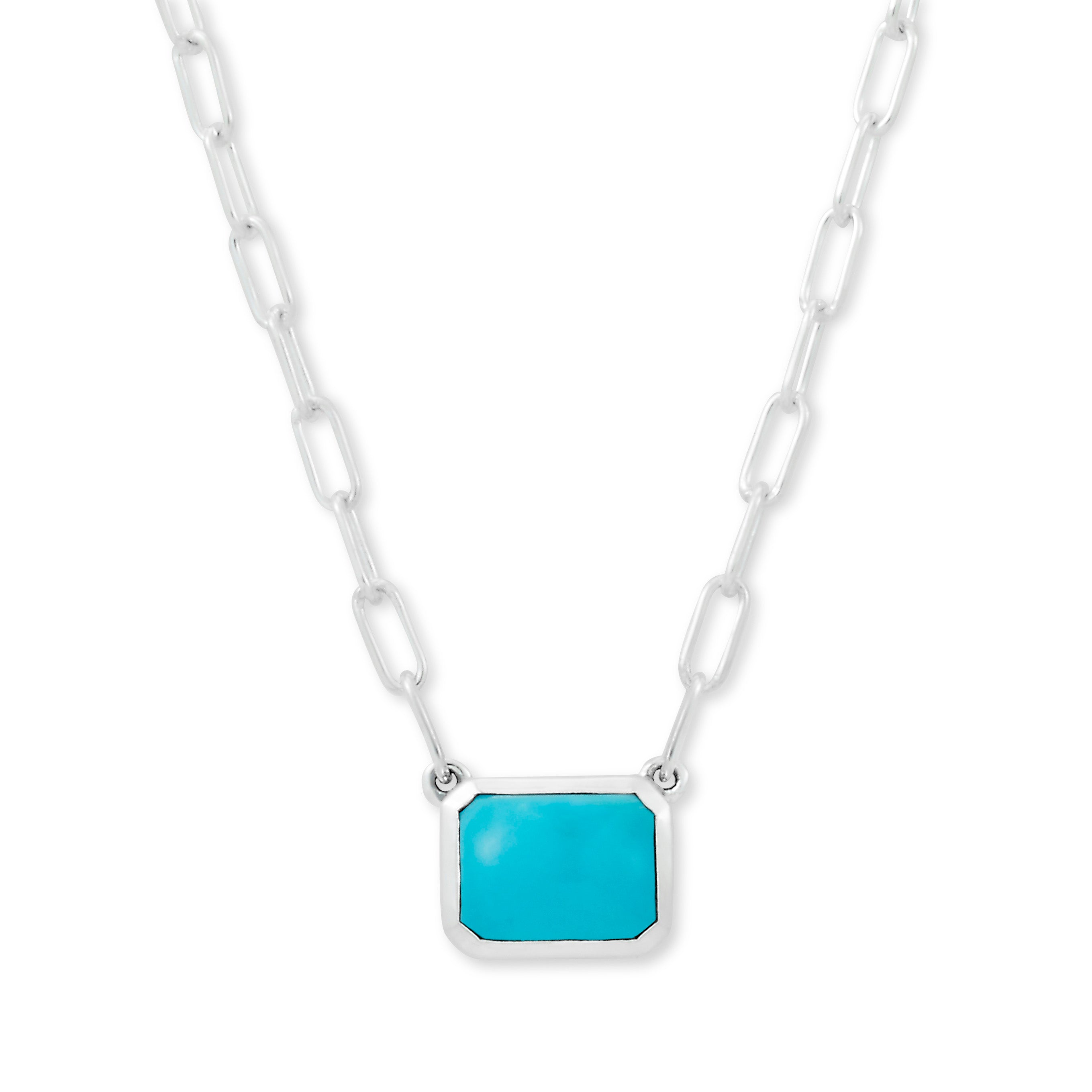 Lady's White Sterling Silver Bezel Set Stationary Necklace Length 20 With One 9.00X7.00Mm Cab Sleeping Beauty Turquoise