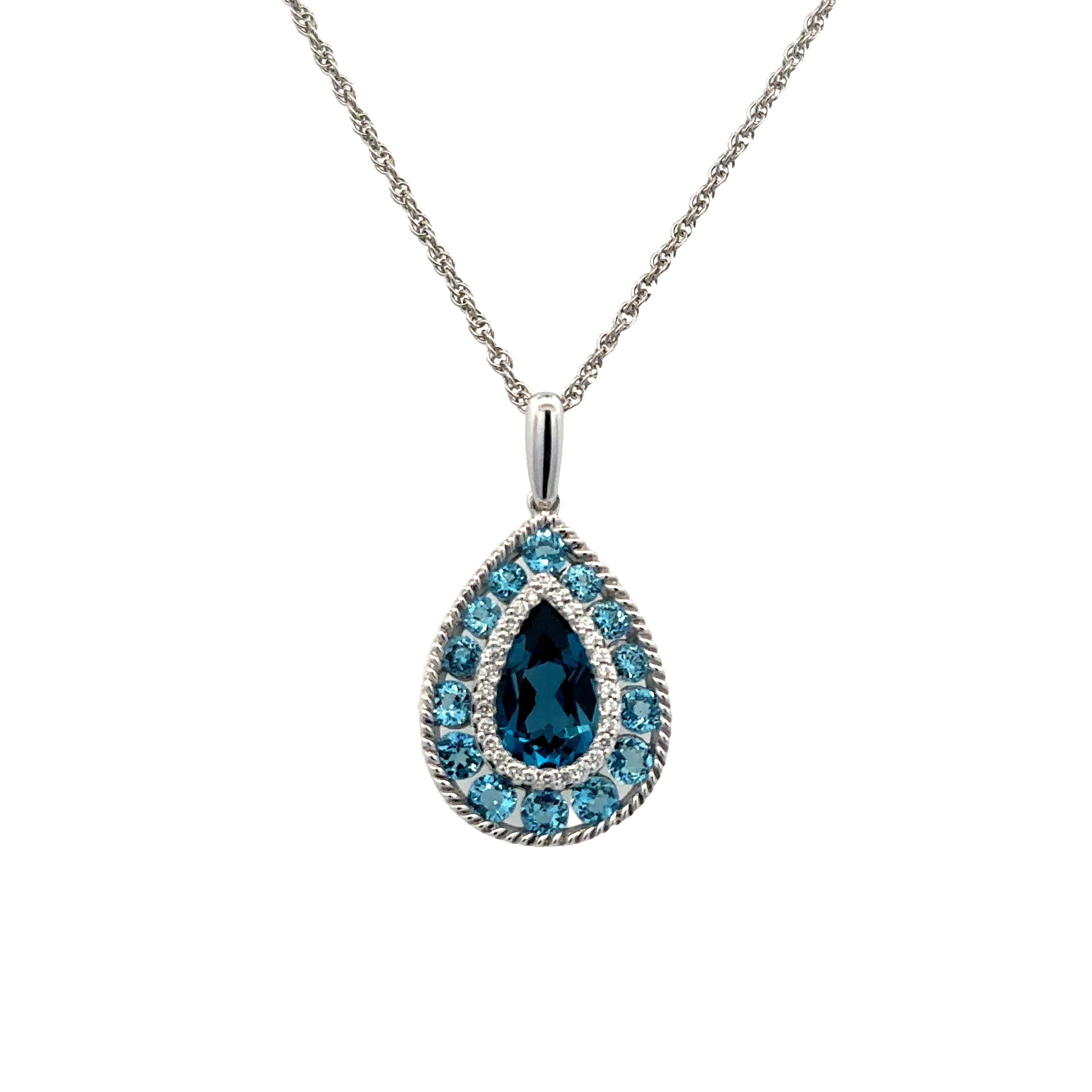 Lady's White 14 Karat Pear Fashion Pendant Necklace With 2.55Tw Various Shapes Blue Topazs And 0.10Tw Round G/H Si1 Diamonds