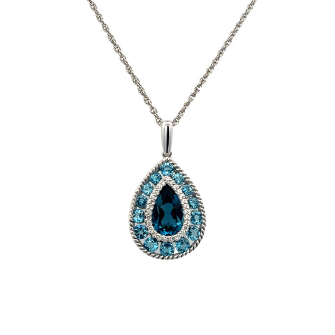 Lady's White 14 Karat Pear Fashion Pendant Necklace With 2.55Tw Various Shapes Blue Topazs And 0.10Tw Round G/H Si1 Diamonds