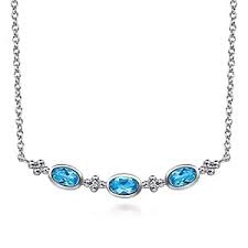 Lady's White Sterling Silver Alternating Bezels With Beaded Stations Necklace Length 17.5 With 3 0.77Tw Oval Blue Topazs