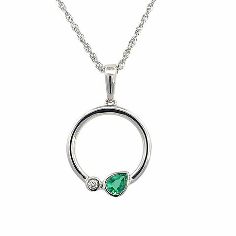 Lady's White 14 Karat Circle With Bezels Necklace With One = 0.20Ct Pear Emerald And One = 0.02Ct Round G/H Si1 Diamond