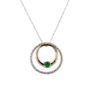Lady's White/Yellow 10 Karat Enhanceable, Three Necklaces In One Circle Necklace Length 18 With One 0.1Ct Round Emerald And 32 0.1Tw Round G/H Si1 Diamonds