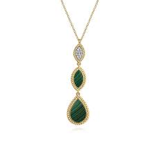 Lady's Yellow 14 Karat Teardrop Dangle Necklace Length 17.5 0.08Tw Round G/H Si2 Diamonds, With Malachite Which Weighs Approximately 2.70 Carats.