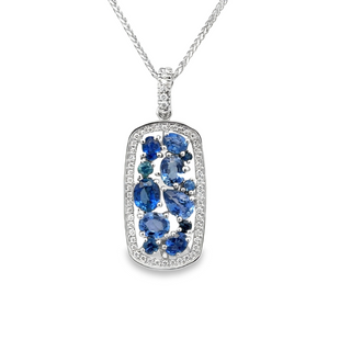 Lady's White 14 Karat Elongated Cluster Necklace With 0.22Tw Round G/H Si1 Diamonds And 2.88Tw Various Shapes Sapphires