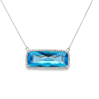 Lady's White 14 Karat Stationary, Elongated Halo Necklace With 0.31Tw Round G/H Si1 Diamonds And 16.34Tw Retangular Cushion Blue Topazs