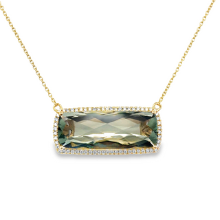 Lady's Yellow 14 Karat Stationary, Elongated Halo Necklace With 0.31Tw Round G/H Si1 Diamonds And One 12.01Ct Retangular Cushion Green Amethyst