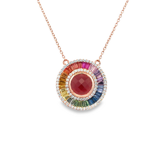 Lady's Rose 14 Karat Graduating Circle With Faceted Center Necklace With One 2.84Ct Round Garnet, 0.33Tw Round G/H Si1 Diamonds And 1.5 Twt Other Stones