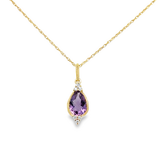 Lady's Yellow 14 Karat Pear Fashion Necklace With One 0.7Ct Pear Amethyst And 0.03Tw Round G/H Si2 Diamonds