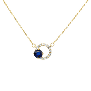 Lady's Yellow 14 Karat Stationary, Circle Necklace Length 18 With One = 0.22Ct Round Sapphire And = 0.08Tw Round G/H Si1 Diamonds