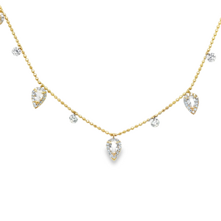 Lady's Yellow 14 Karat Dangle Stations Necklace Length 18 With 5 0.38Tw Pear White Topazs And 0.51Tw Round G/H Si1 Diamonds