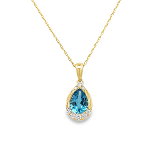Lady's Yellow 14 Karat Teardrop With Milgrain Necklace Length 16 With One 0.69Ct Pear Blue Topaz And 0.08Tw Round G/H Si1 Diamonds