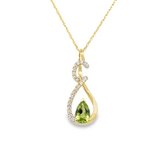 Lady's Yellow 14 Karat Swirl Teardrop Necklace Length 18 With One 0.48Ct Pear Peridot And 0.09Tw Round G/H Si1 Diamonds