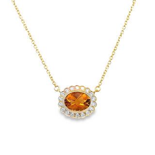 Lady's Yellow 14 Karat Stationary With Milgrain Detailed Halo Necklace Length 18 one 1.41ct Oval Citrine
0.14tw Round G/H SI1 Diamonds