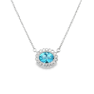 Lady's White 14 Karat Stationary With Milgrain Halo Necklace Length 18 With One 1.41Ct Oval Blue Topaz And 0.14Tw Round G/H Si1 Diamonds