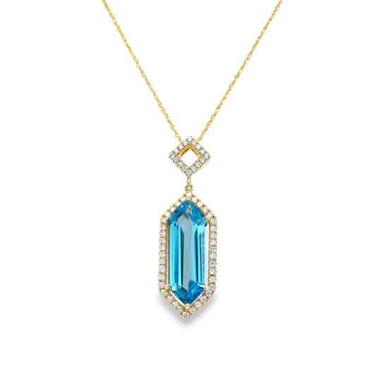 Lady's Yellow 14 Karat Modern Halo Necklace Length 18 With One 3.48Ct Various Shapes Blue Topaz And 0.26Tw Round G/H Si1 Diamonds