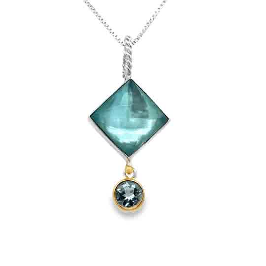 Lady's Tt Ss/22K Gold Vermeil Square With Round Dangle Necklace Length 18 Amazonite + Checkerboard Cut Crystal Quartz+ Mother Of Pearl And Sky Blue Topaz