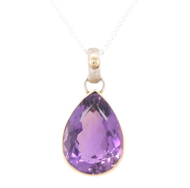 Lady's Tt Ss/22K Gold Vermeil Bezel Pear Necklace one 18.00ct Pear Amethyst