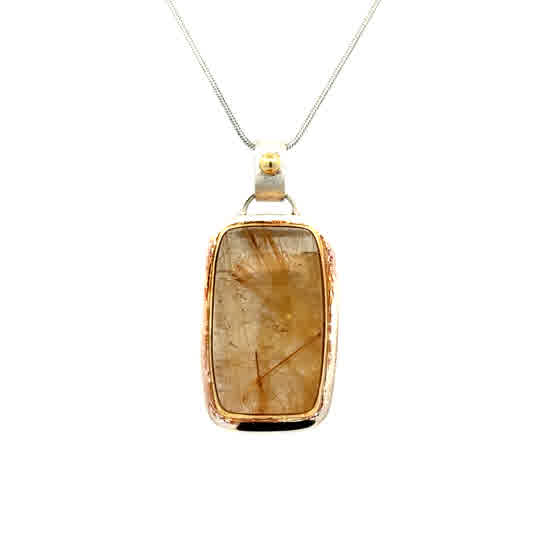 Lady's Tt Ss/22K Gold Vermeil Bezel Necklace one Retangular Cushion Rutilated Quartz