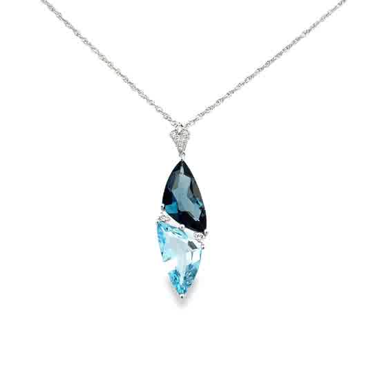 Lady's White 14 Karat Modern, Two Stone Necklace Length 18 With 2 = 6.87Tw Various Shapes Blue Topazs And = 0.10Tw Round G/H Si1 Diamonds