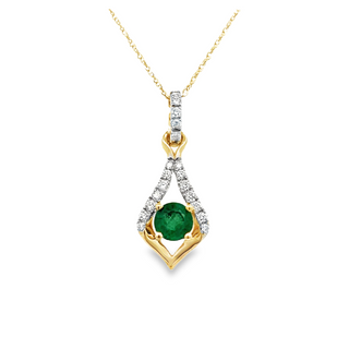 Lady's Yellow 14 Karat Modern Teardrop Necklace Length 18 With One = 0.45Ct Round Emerald And 19 = 0.16Tw Round G/H Si1 Diamonds