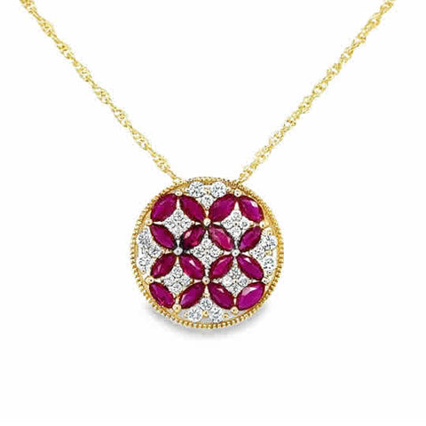 Lady's Yellow 14 Karat Medallion Necklace With 16 = 1.62Tw Marquise Rubys And = 0.30Tw Round G/H Si1 Diamonds