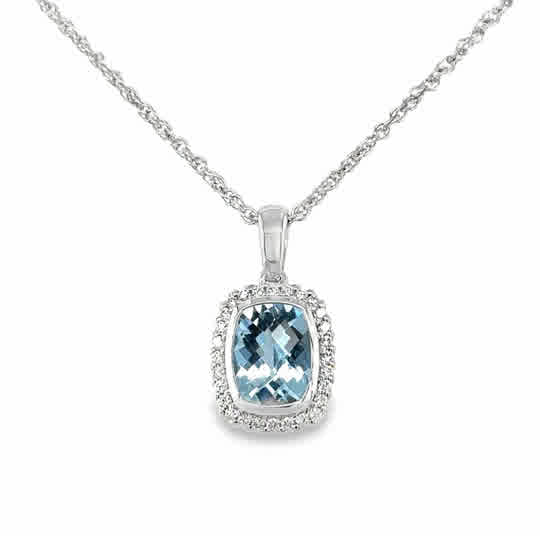 Lady's White 14 Karat Cushion Halo Necklace With One = 1.02Ct Retangular Cushion Aquamarine And = 0.14Tw Round G/H Si1 Diamonds