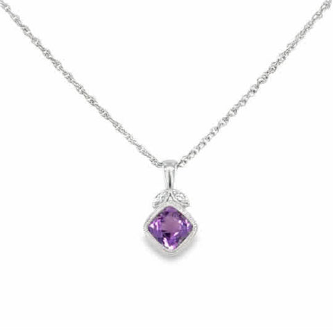 Lady's White 14 Karat Cushion Necklace With One = 0.80Ct Cushion Amethyst And = 0.01Tw Round G/H Si1 Diamonds