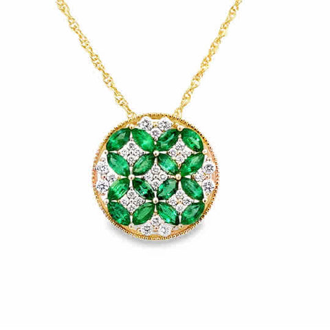 Lady's Yellow 14 Karat Round Medallion Necklace 16 = 1.02tw Marquise Emeralds
= 0.30tw Round G/H SI1 Diamonds