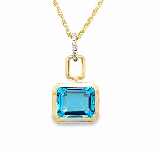 Lady's Yellow 14 Karat Modern Bezel Necklace With One = 3.26Ct Emerald Blue Topaz And = 0.04Tw Round G/H Si1 Diamonds