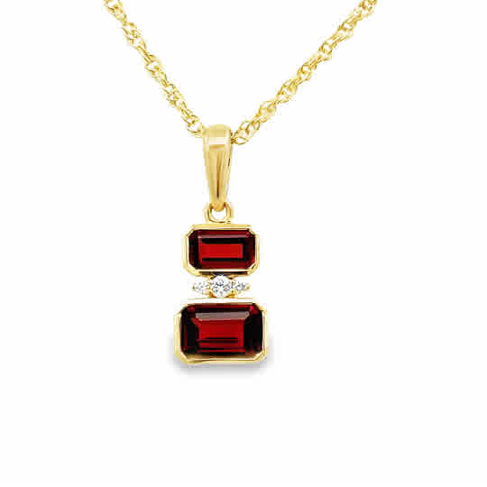Lady's Yellow 14 Karat Modern Fashion Necklace With 2 = 0.98Tw Emerald Garnets And = 0.03Tw Round G/H Si1 Diamonds